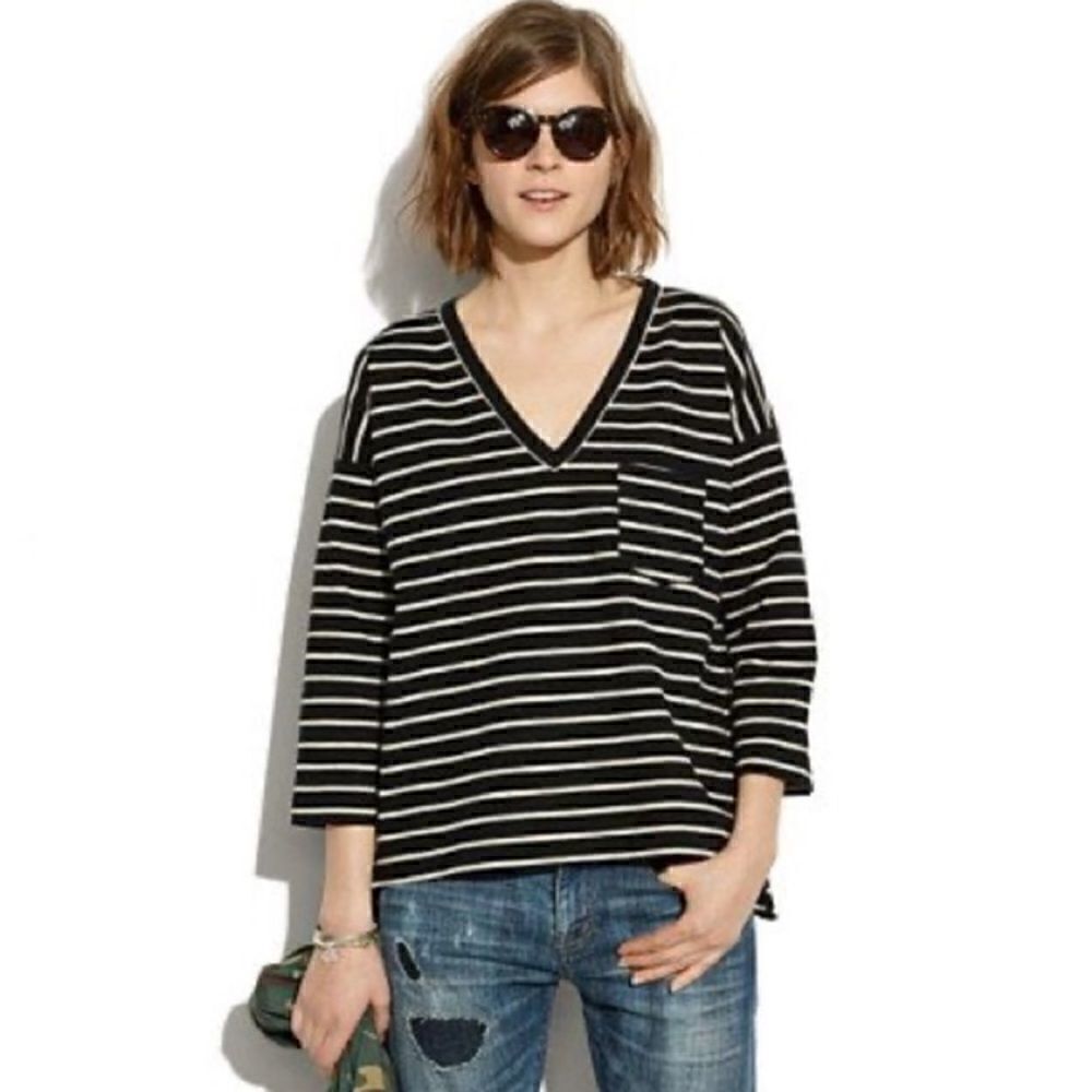 Madewell Navy Striped V Neck Side Zip Shirt
